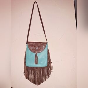 Western  Embossed Turquoise Fringe Studded Crossbody bag